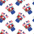 Vector floral bouquet in patriotic top hats with green leaves, flags. Great for holiday cards, 4th of July banners Royalty Free Stock Photo