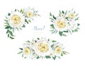 Vector floral bouquet. Tender yellow, ivory white garden roses, lovely camellia flowers, green seeded eucalyptus branches, leaves. Royalty Free Stock Photo