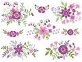 Vector set of purple floral bouquets and elements for wedding, bridal shower and birthday invitations Royalty Free Stock Photo
