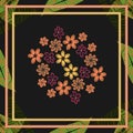 Vector floral bright pattern for design of headscarf, hijab. Drawn decorative flowers in a frame of hatched leaves. On a black Royalty Free Stock Photo