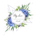 Vector floral card design with elegant bouquet of blue hydrangea