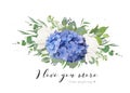 Vector floral card design with tender bouquet of blue hydrangea flower, white garden roses, poppies, eucalyptus, lilac flowers, gr