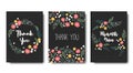 Vector floral cards collection with hand drawn Thank You lettering and colorful small flowers