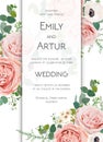 Vector floral chic wedding invite card design. Blush peach, lavender vintage rose, white anemone, wax flowers, Eucalyptus greenery Royalty Free Stock Photo