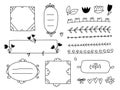 Vector floral decor set of hand drawn doodle frames, dividers, borders, elements. Isolated. Royalty Free Stock Photo