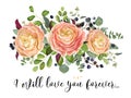 Vector floral design card: garden pink peach rose Ranunculus flo