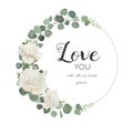 Vector floral design card. White Rose cute flower Eucalyptus bra