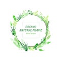 Vector Floral Frame, Circle Border Template, Text Frame, Logo Design, Vector Illustration, Flat Plants and Leaves Art. Royalty Free Stock Photo