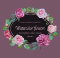 Vector floral frame with watercolor pink roses and purple peonies. Royalty Free Stock Photo