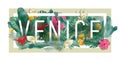 Vector floral framed typographic VENICE city artwork Royalty Free Stock Photo