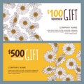 Vector floral gift voucher template. Colorful spring background with chamomile flowers.