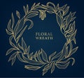 Vector floral, golden hand drawn wreath with leaves and flowers. Luxury laurel, border, frame, branch composition with