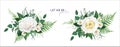 Vector floral greenery bouquet. Lush green tropical eucalyptus leaves, fern, white light yellow rose flowers, camellia, herbs