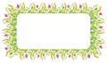 Vector floral greeting card with border from pink butterflies, green grass, ears of wheat, dandelions, different plants