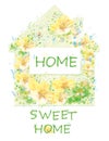 Vector floral house symbol. Home sweet home text,