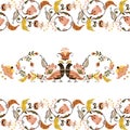 Vector floral ornament border with flowers and birds in russian folk art painting style Royalty Free Stock Photo