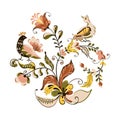 Vector floral ornament with flowers and birds in russian folk art painting style