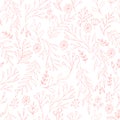 Vector floral pattern in doodle style with flowers and leaves. Gentle, spring floral background.