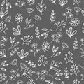 Vector floral pattern in doodle style with flowers and leaves. Gentle, spring floral background.