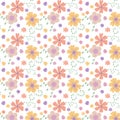 Vector floral pattern in doodle style with flowers and leaves. Gentle, spring floral background. Cute childish print. Royalty Free Stock Photo