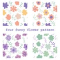 Vector floral pattern in doodle style with flowers and leaves. Gentle, spring floral background. Cute childish print. Royalty Free Stock Photo