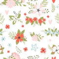Vector floral pattern in doodle style with flowers and leaves on white background