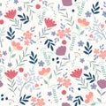 Vector floral pattern in doodle style with flowers and leaves on white background. Gentle, spring floral background. Can