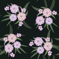 Vector floral pattern of a group of pink flowers with leaves.