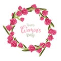 Vector floral pink beautiful wreath tulips. Isolated and hand drawn illustration. Floral design, flower backdrop