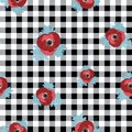 Vector floral repeat seamless pattern with red and pink anemone flowers on black checked background Royalty Free Stock Photo