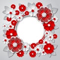 Vector floral round frame with 3d red and white paper cut flowers