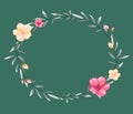 Vector floral round frame, minimal vintage style. Yellow and pink flowers with leafs on green background Royalty Free Stock Photo