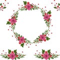 Vector floral round frame with tropical hibiscus flowers and palm leaves. Isolated elements for design on a white background.