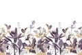 Vector floral seamless border. Flower background. Seamless pattern with white, beige, grey, violet flowers and leaves. Royalty Free Stock Photo