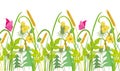 Vector floral seamless border with pink butterflies, green grass, ears of wheat, dandelions, different plants on summer meadow