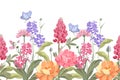 Vector floral seamless border. Spring flowers, green leaves, butterflies. Lupine, peony, tufted vetch, bird vetch, calendula, mari Royalty Free Stock Photo