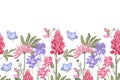 Vector floral seamless border. Spring flowers, green leaves, butterflies. Royalty Free Stock Photo