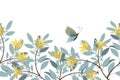 Vector floral seamless panoramic pattern, border. Blue twigs, leaves, yellow flowers, butterflies.