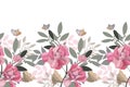 Vector floral seamless panoramic pattern. Pink flowers and butterflies.