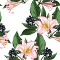 Vector floral seamless pattern with berries with leaves and pink royal lilies.