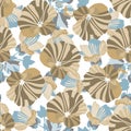 Vector floral seamless pattern in blue and coffee tones. Stylized mallows on a white background.