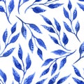 Vector floral seamless pattern with blue watercolor branches and leaves on white background Royalty Free Stock Photo