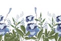 Vector floral seamless pattern, border. Horizontal panoramic design with blue flowers and herbs on a white background.