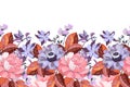 Vector floral seamless pattern, border. Horizontal panoramic design with lilac and pink flowers. Royalty Free Stock Photo