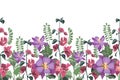 Vector floral seamless pattern, border. Horizontal panoramic illustration with colorful field, meadow flowers isolated