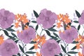 Vector floral seamless pattern, border. Horizontal panoramic illustration with orange and lilac flowers. Royalty Free Stock Photo