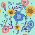 Vector floral seamless pattern with bright summer blooms