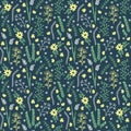Vector floral seamless pattern with doodle herbs and flowers. Four colors