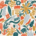 Vector floral seamless pattern colors autumn. Flat flowers, petals, leaves with and doodle elements. Collage style