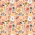 Vector floral seamless pattern white colors autumn. Flat flowers, petals, leaves with and doodle elements. Collage style